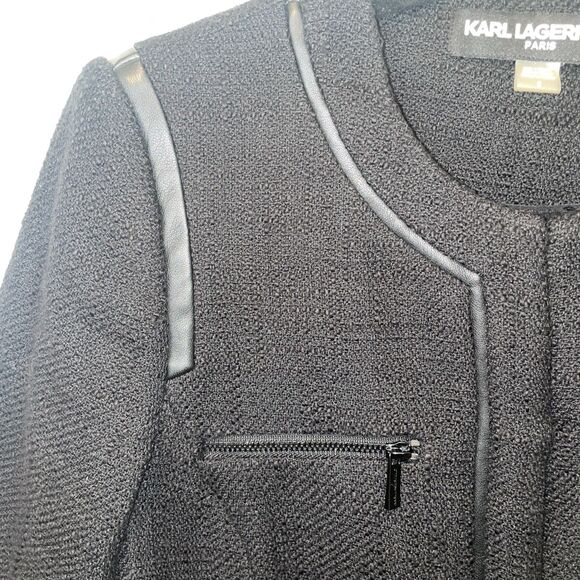 Karl Lagerfeld Tweed Zipper Pocket Leather Accent Jacket 2 Rock-Chic Classic - Picture 2 of 5